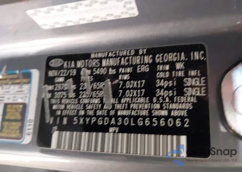 2020 Kia Sorento 2.4L Lx z USA, uszkodzony, nr VIN 5XYPGDA30LG656062